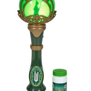 Elphaba Lights and Sounds Wand lit up. With a silhouette of Elphaba in the bubble wand topper.